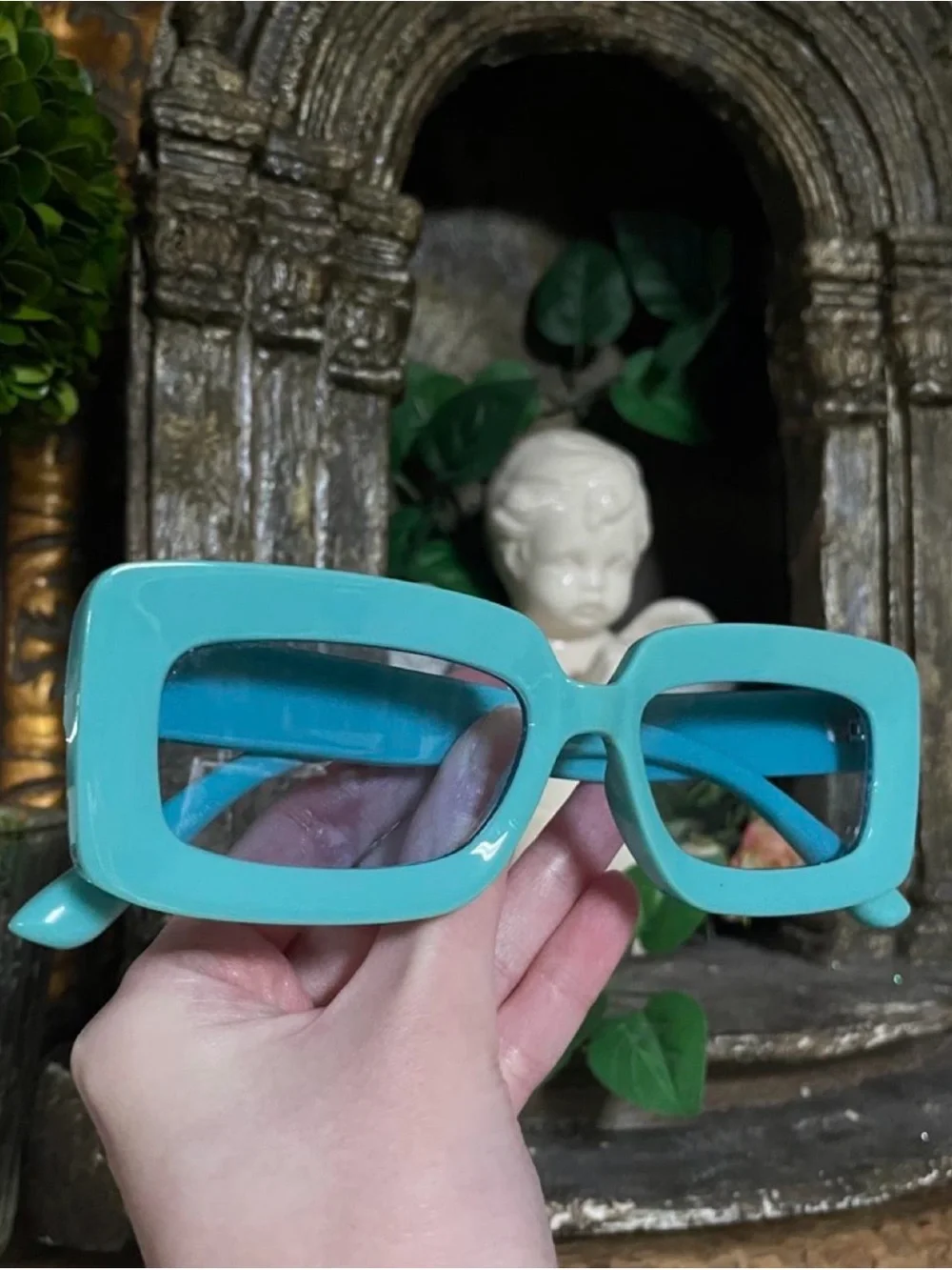 Turquoise Rectangular Retro Sunglasses